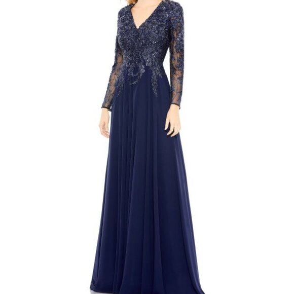 Mac Duggal Navy Blue Beaded Sequin Embroidered Long Sleeve A-Line Gown